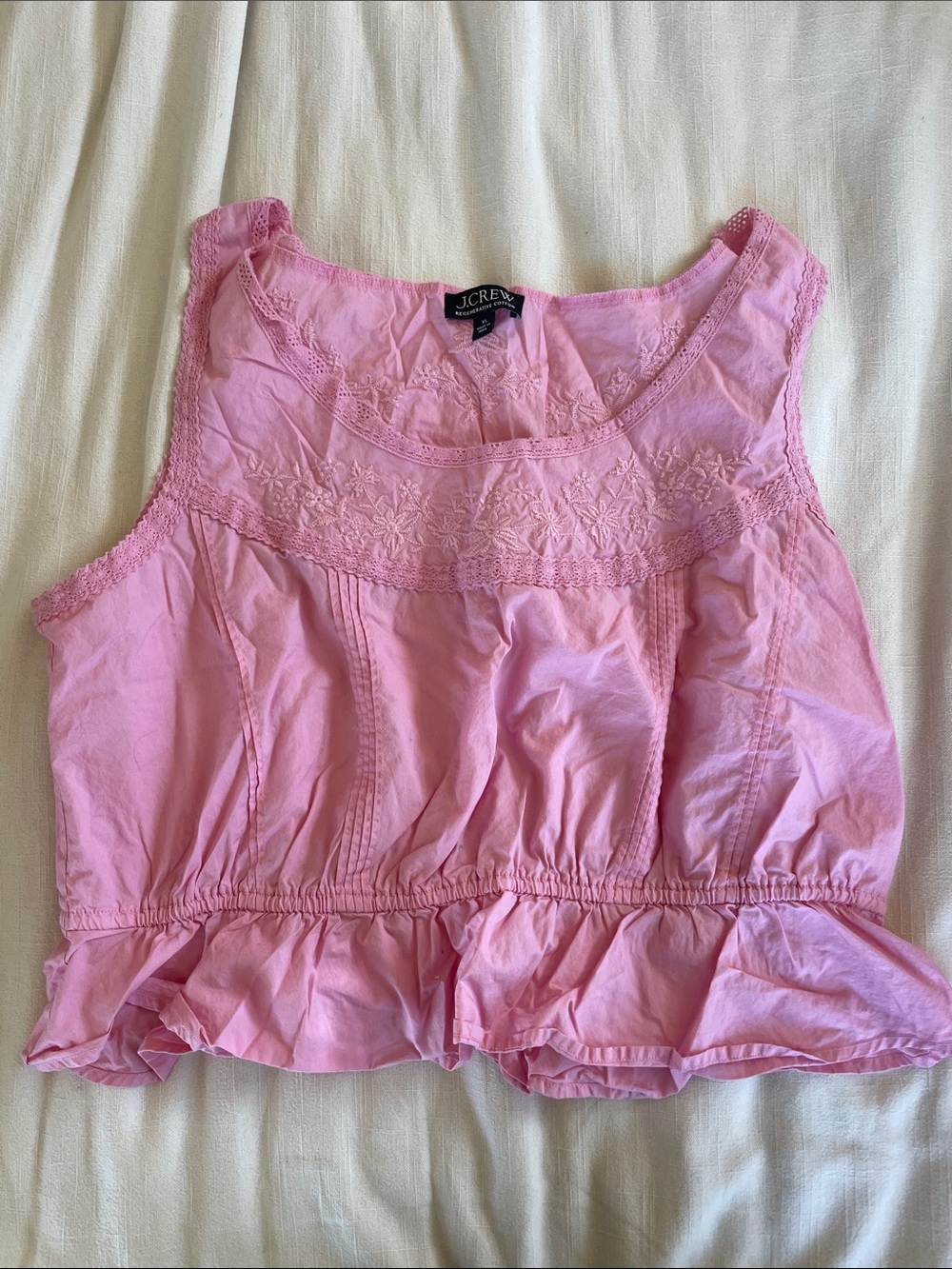 J. Crew Pink Embroidered Cotton Camisole with Ruffle Hem